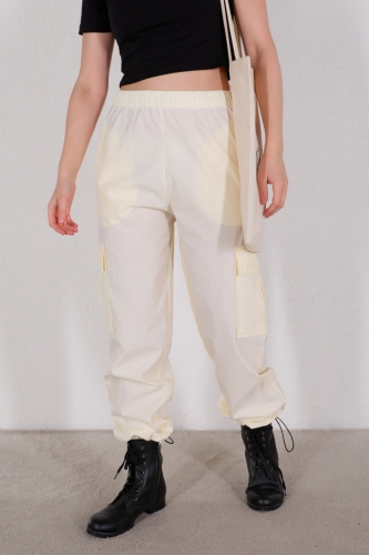 PNT-07327 Ekru Paça Lastikli Kargo Cepli Paraşüt Pantolon - 3