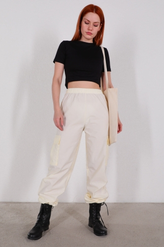 PNT-07327 Ekru Paça Lastikli Kargo Cepli Paraşüt Pantolon - 4