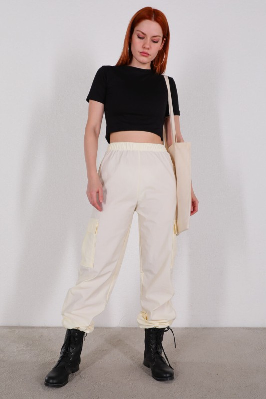 PNT-07327 Ekru Paça Lastikli Kargo Cepli Paraşüt Pantolon - 4