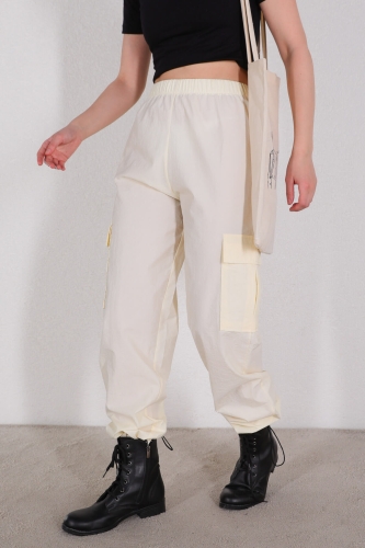 PNT-07327 Ekru Paça Lastikli Kargo Cepli Paraşüt Pantolon - 1