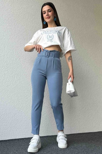 PNT-07366 İndigo Mavisi Kemerli Atlas Kumaş Havuç Model Pantolon - 1
