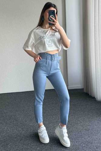 PNT-07366 İndigo Mavisi Kemerli Atlas Kumaş Havuç Model Pantolon - 4