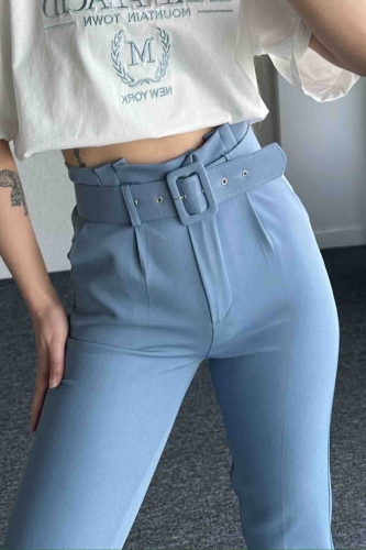 PNT-07366 İndigo Mavisi Kemerli Atlas Kumaş Havuç Model Pantolon - 2