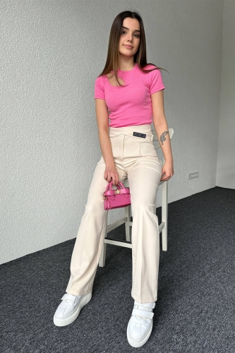 PNT-07367 Krem Rengi Bel Etiket Detaylı Palazzo Kumaş Pantolon - 3