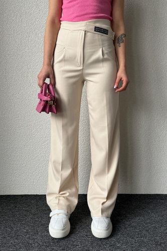 PNT-07367 Krem Rengi Bel Etiket Detaylı Palazzo Kumaş Pantolon - 1