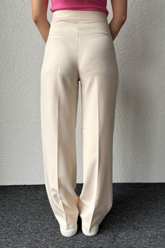 PNT-07367 Krem Rengi Bel Etiket Detaylı Palazzo Kumaş Pantolon - 4