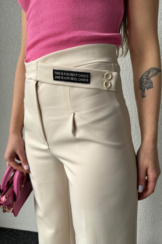 PNT-07367 Krem Rengi Bel Etiket Detaylı Palazzo Kumaş Pantolon - 2