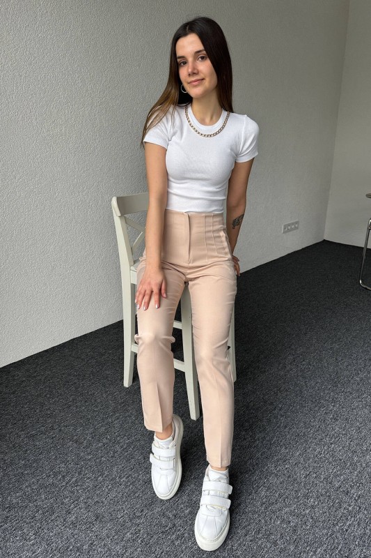 PNT-07369 Krem Rengi Pensli Yüksek Bel Atlas Kumaş Pantolon - 2