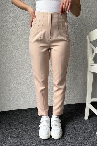 PNT-07369 Krem Rengi Pensli Yüksek Bel Atlas Kumaş Pantolon - 1