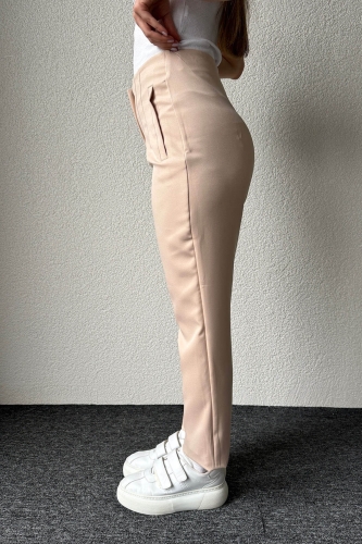PNT-07369 Krem Rengi Pensli Yüksek Bel Atlas Kumaş Pantolon - 3