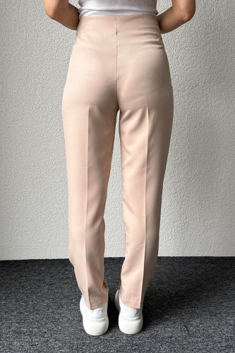 PNT-07369 Krem Rengi Pensli Yüksek Bel Atlas Kumaş Pantolon - 4