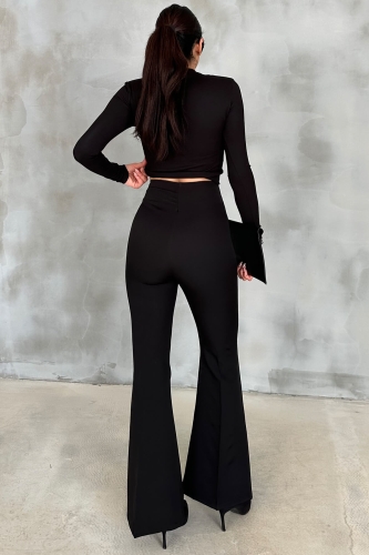 PNT-07371 Siyah Yüksek Bel İspanyol Paça Atlas Kumaş Pantolon - 7