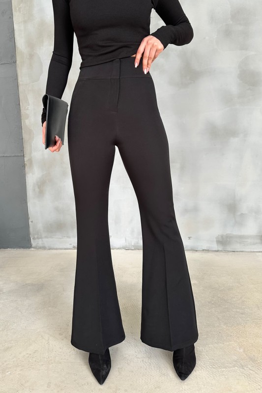 PNT-07371 Siyah Yüksek Bel İspanyol Paça Atlas Kumaş Pantolon - 4