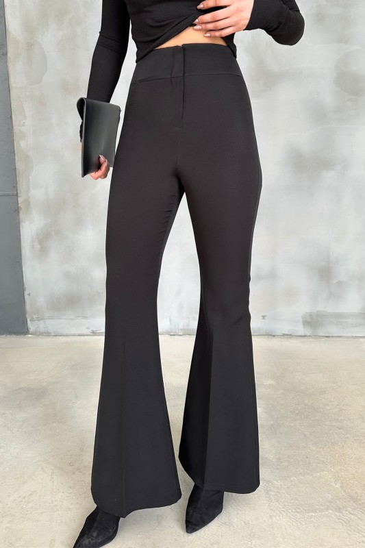 PNT-07371 Siyah Yüksek Bel İspanyol Paça Atlas Kumaş Pantolon - 6