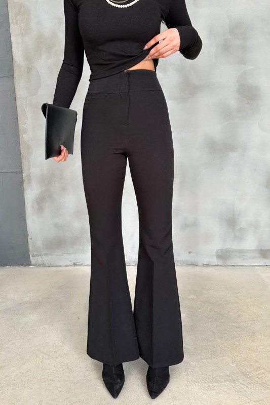 PNT-07371 Siyah Yüksek Bel İspanyol Paça Atlas Kumaş Pantolon - 2