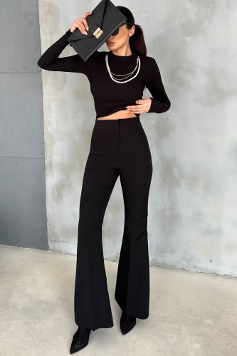 PNT-07371 Siyah Yüksek Bel İspanyol Paça Atlas Kumaş Pantolon - 1
