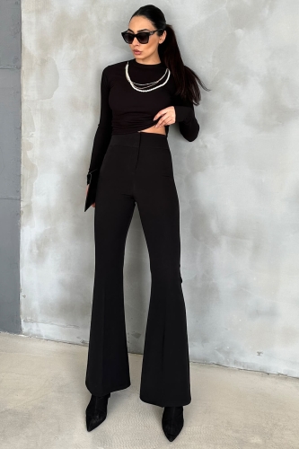 PNT-07371 Siyah Yüksek Bel İspanyol Paça Atlas Kumaş Pantolon - 3