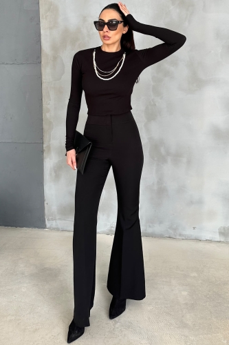 PNT-07371 Siyah Yüksek Bel İspanyol Paça Atlas Kumaş Pantolon - 5