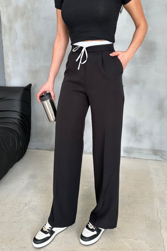 PNT-07372 Siyah Bel Detaylı Yandan Fermuarlı Pantolon - 4