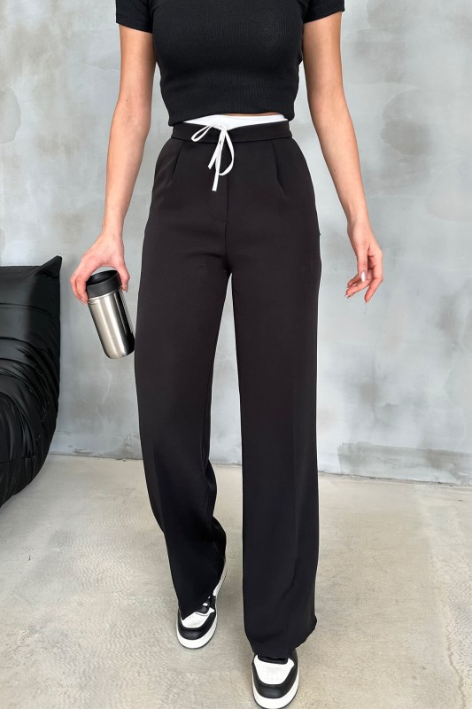 PNT-07372 Siyah Bel Detaylı Yandan Fermuarlı Pantolon - 6