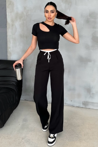 PNT-07372 Siyah Bel Detaylı Yandan Fermuarlı Pantolon - 3