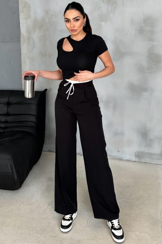 PNT-07372 Siyah Bel Detaylı Yandan Fermuarlı Pantolon - 5