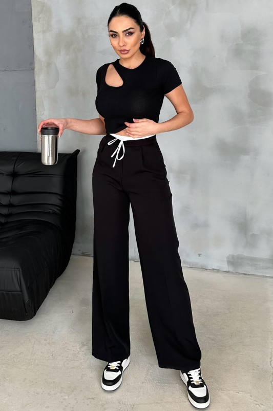 PNT-07372 Siyah Bel Detaylı Yandan Fermuarlı Pantolon - 5