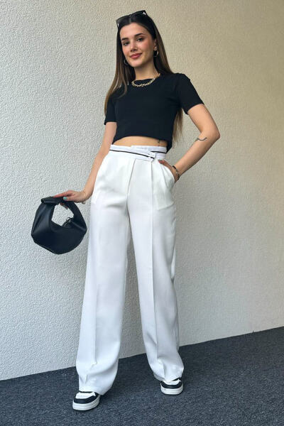 PNT-07373 Beyaz Bel Şerit Ve Düğme Detaylı Pantolon 