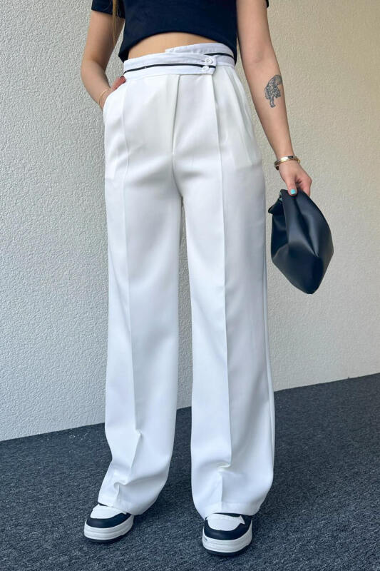 PNT-07373 Beyaz Bel Şerit Ve Düğme Detaylı Pantolon - 2