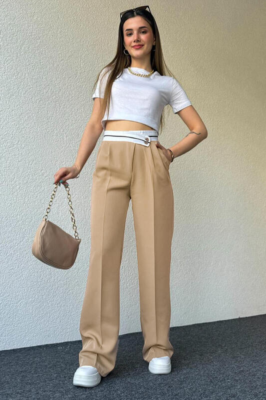 PNT-07373 Krem Bel Şerit Ve Düğme Detaylı Pantolon - 1