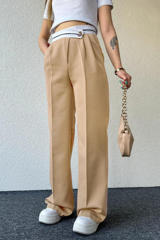 PNT-07373 Krem Bel Şerit Ve Düğme Detaylı Pantolon - 2
