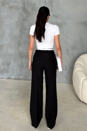PNT-07375 Siyah Bel Şerit Detaylı Tek Düğmeli Palazzo Pantolon - 8