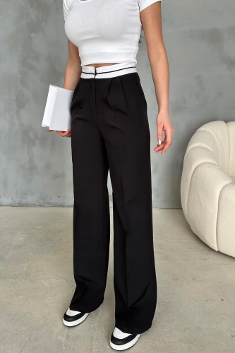 PNT-07375 Siyah Bel Şerit Detaylı Tek Düğmeli Palazzo Pantolon - 6