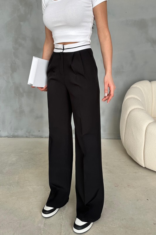 PNT-07375 Siyah Bel Şerit Detaylı Tek Düğmeli Palazzo Pantolon - 6