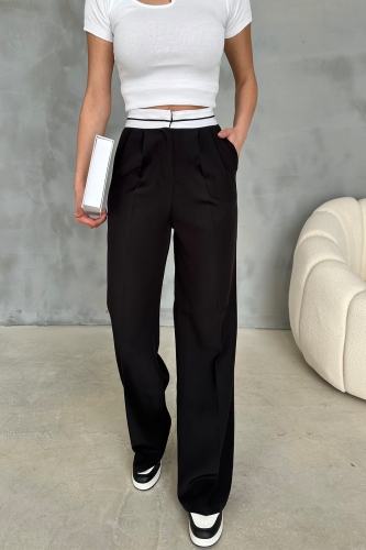 PNT-07375 Siyah Bel Şerit Detaylı Tek Düğmeli Palazzo Pantolon - 2