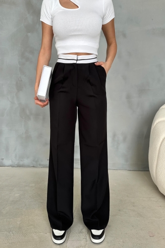 PNT-07375 Siyah Bel Şerit Detaylı Tek Düğmeli Palazzo Pantolon - 7