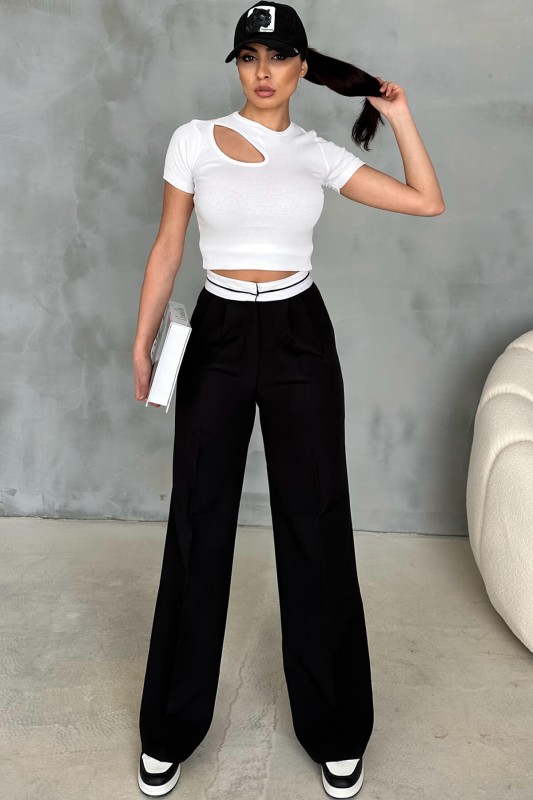 PNT-07375 Siyah Bel Şerit Detaylı Tek Düğmeli Palazzo Pantolon - 1