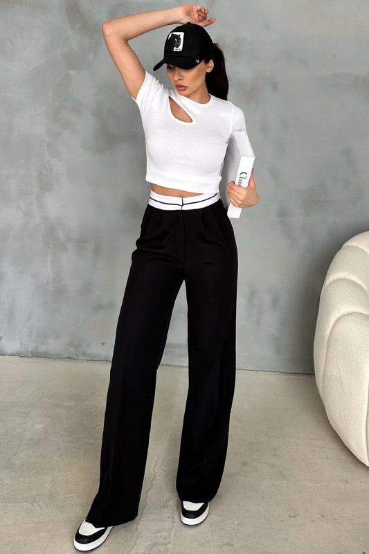 PNT-07375 Siyah Bel Şerit Detaylı Tek Düğmeli Palazzo Pantolon - 3