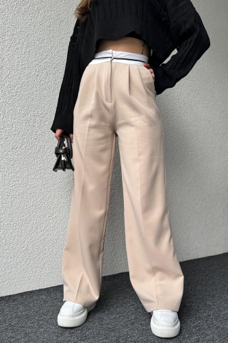 PNT-07375 Krem Rengi Bel Şerit Detaylı Tek Düğmeli Palazzo Pantolon - 1