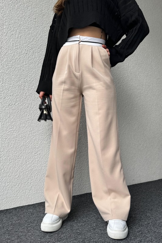 PNT-07375 Krem Rengi Bel Şerit Detaylı Tek Düğmeli Palazzo Pantolon - 1
