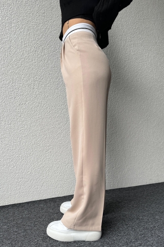 PNT-07375 Krem Rengi Bel Şerit Detaylı Tek Düğmeli Palazzo Pantolon - 4