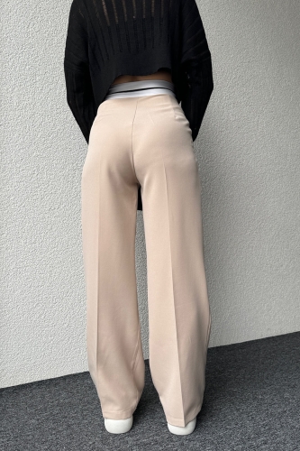 PNT-07375 Krem Rengi Bel Şerit Detaylı Tek Düğmeli Palazzo Pantolon - 7