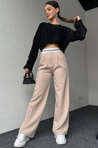 PNT-07375 Krem Rengi Bel Şerit Detaylı Tek Düğmeli Palazzo Pantolon - 5