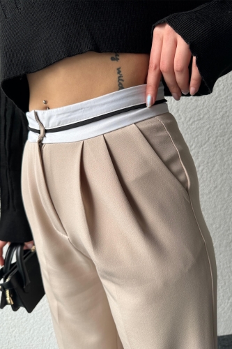 PNT-07375 Krem Rengi Bel Şerit Detaylı Tek Düğmeli Palazzo Pantolon - 3