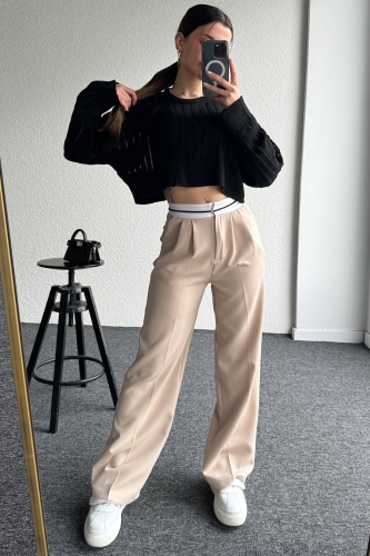 PNT-07375 Krem Rengi Bel Şerit Detaylı Tek Düğmeli Palazzo Pantolon - 6