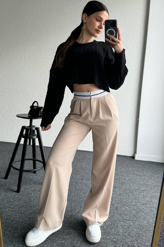 PNT-07375 Krem Rengi Bel Şerit Detaylı Tek Düğmeli Palazzo Pantolon - 2