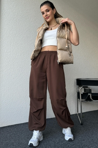 PNT-07376 Kahverengi Bel Ve Paça İpli Cepli Salaş Pantolon - 1