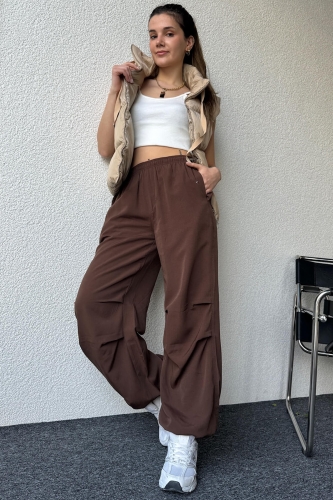 PNT-07376 Kahverengi Bel Ve Paça İpli Cepli Salaş Pantolon - 4