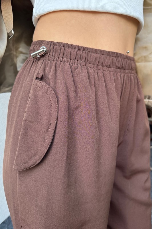 PNT-07376 Kahverengi Bel Ve Paça İpli Cepli Salaş Pantolon - 3