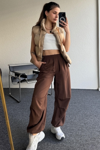 PNT-07376 Kahverengi Bel Ve Paça İpli Cepli Salaş Pantolon - 5